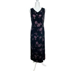 Vintage 90s Size 6 Black Velvet Floral Overlay Purple Lining Prom Formal Dress